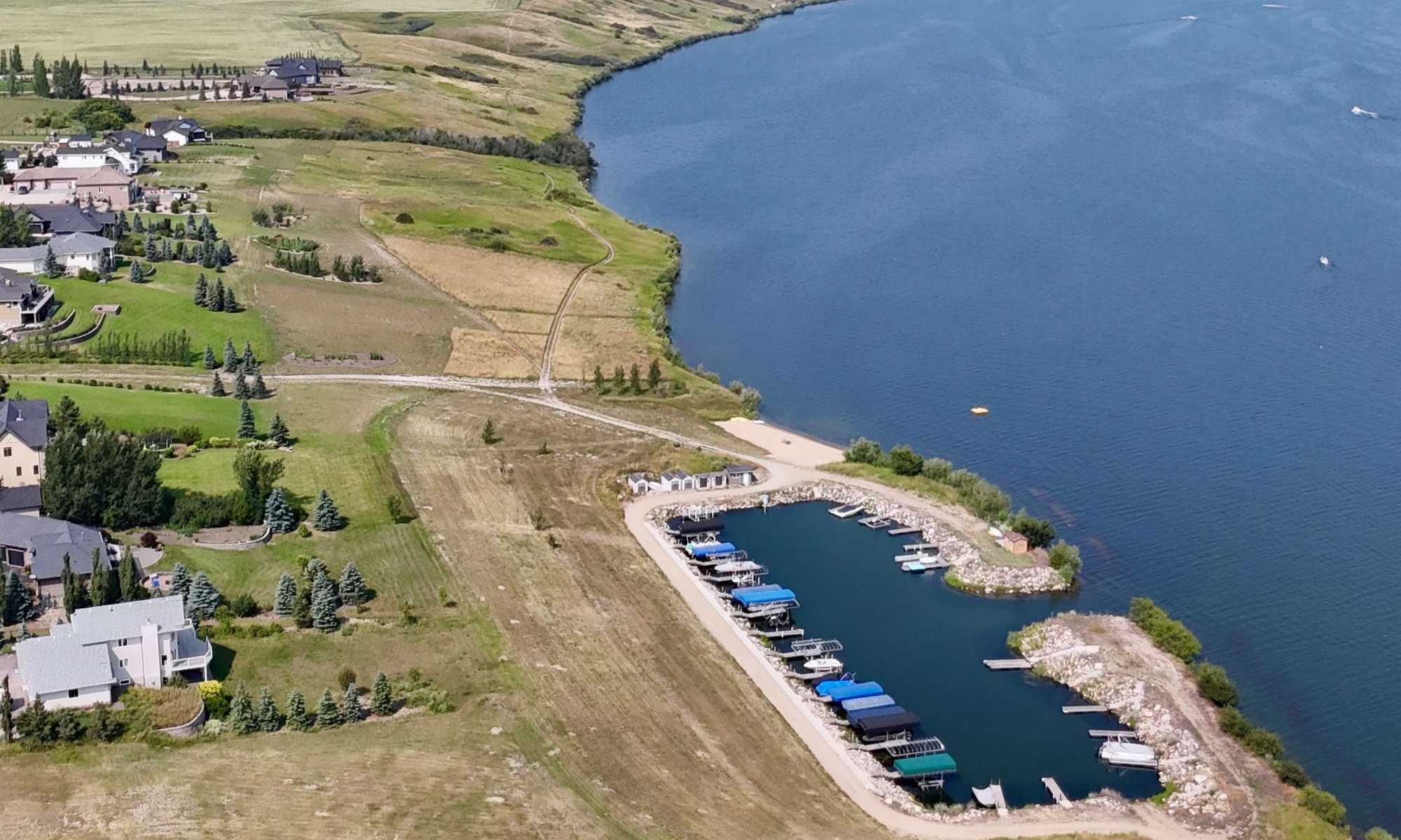 Aerial view of the marina and lakefront community at Blackstrap Lake
